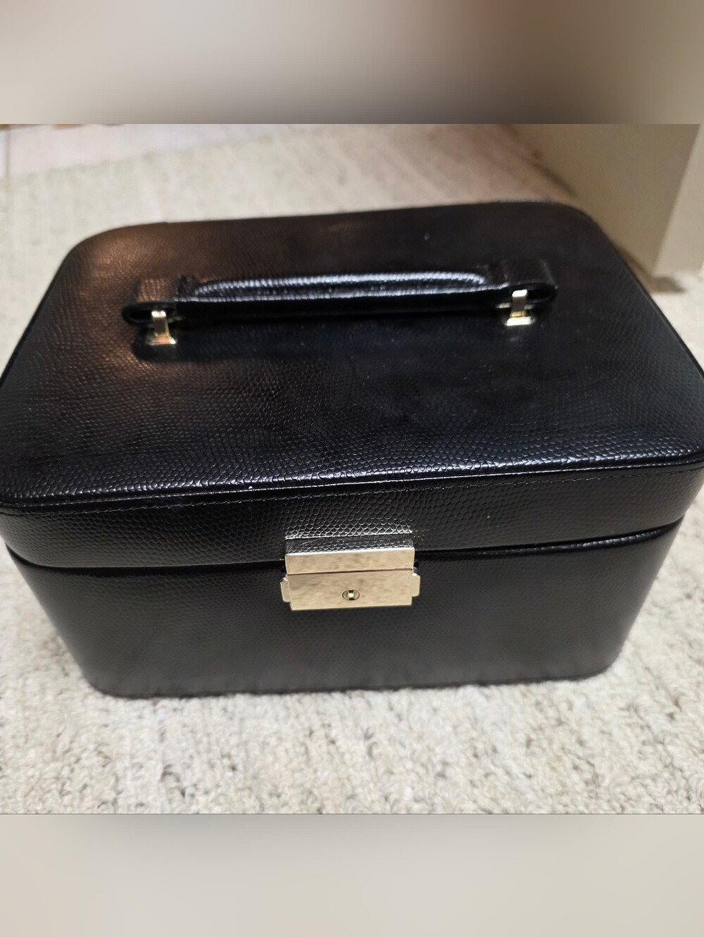 Black Textured Jewelry/Train Leather Case with Gold-Tone Lock